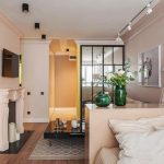 Дизайн гостиной спальни 20 кв. м. зонированной комодом