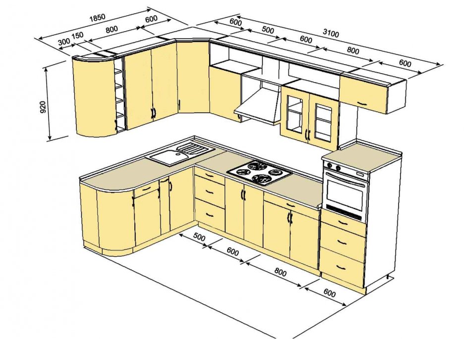 кухонный гарнитур угловой для кухни размеры