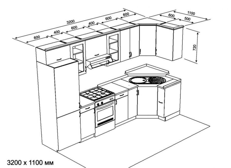 эскиз кухни с размерами