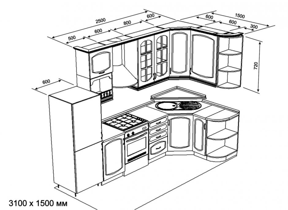 угловая кухня фото с размерами