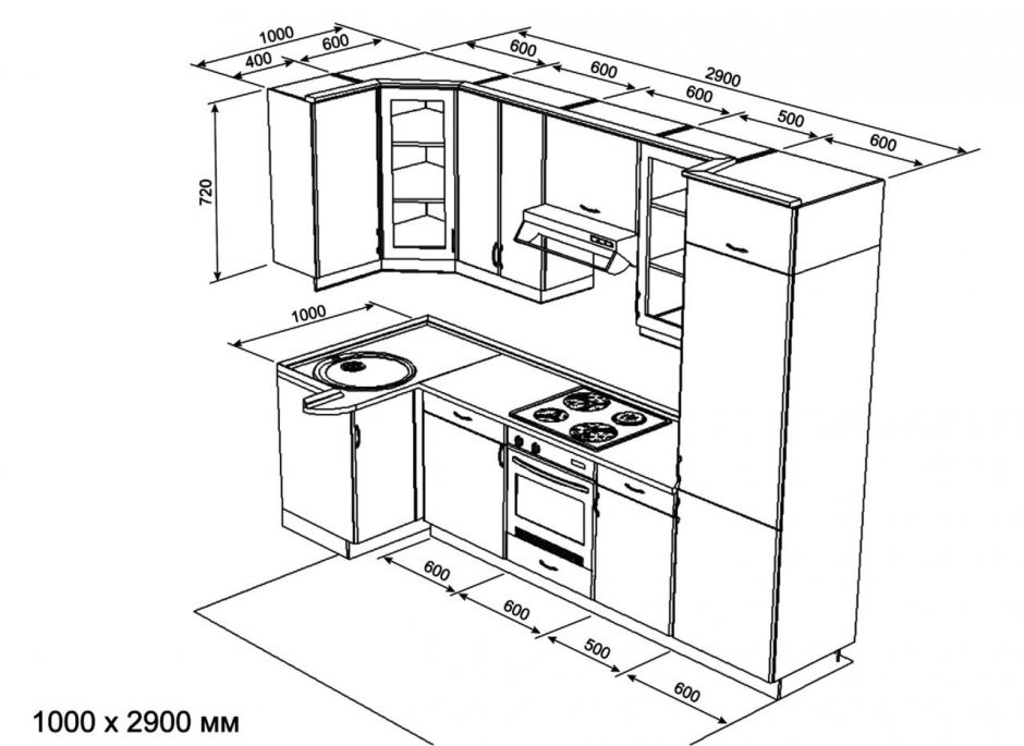 проект угловой кухни с размерами
