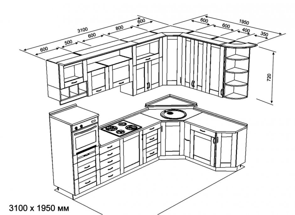 планировка угловой кухни 2 на 2