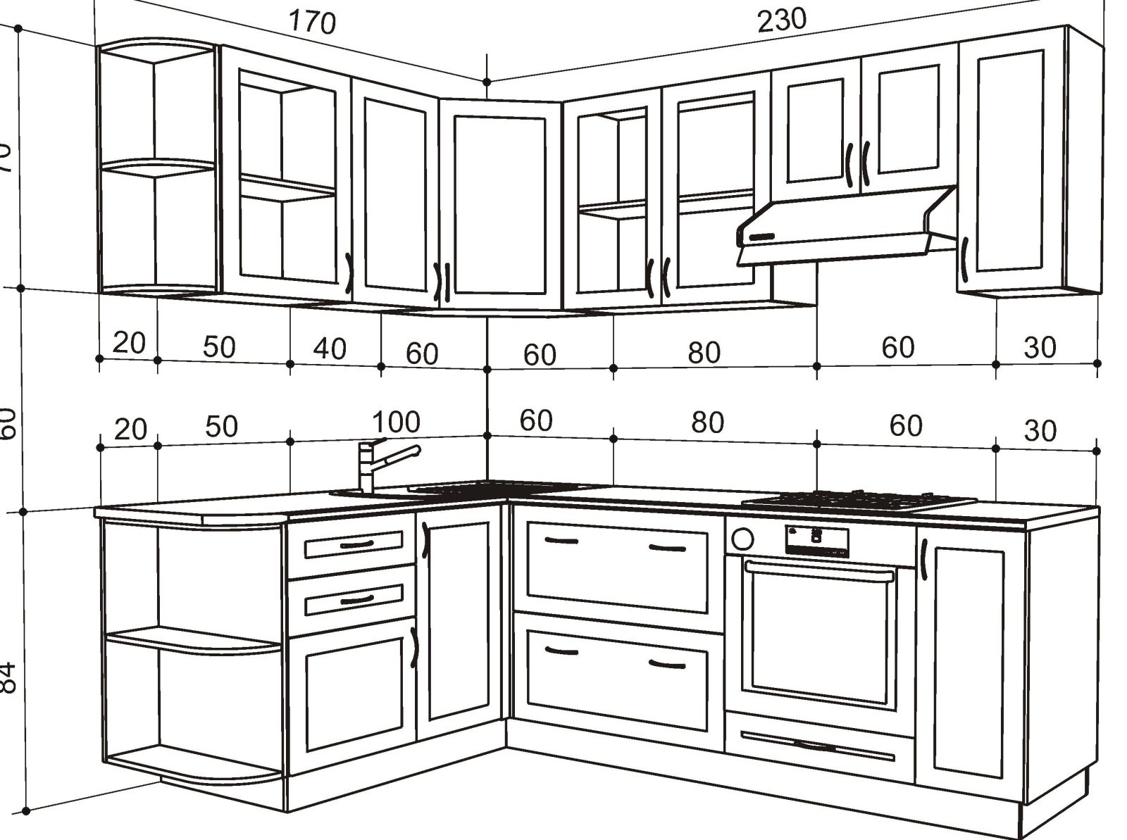 Чертеж кухни с размерами всех шкафов: изготовление мебели своими �руками